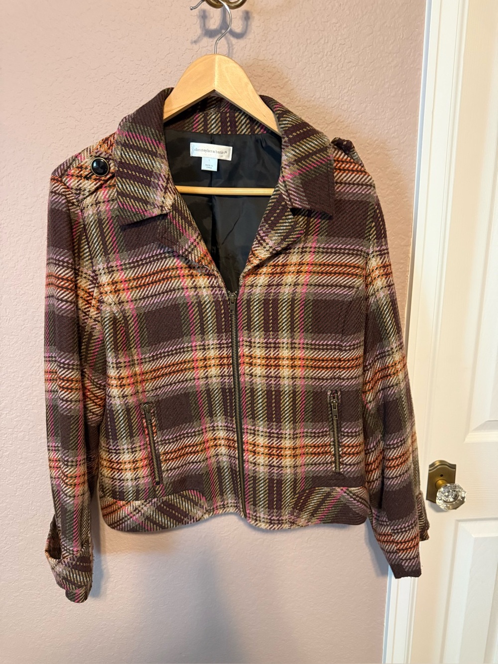 Christopher & Banks Brown Multicolor Plaid Zip Jacket